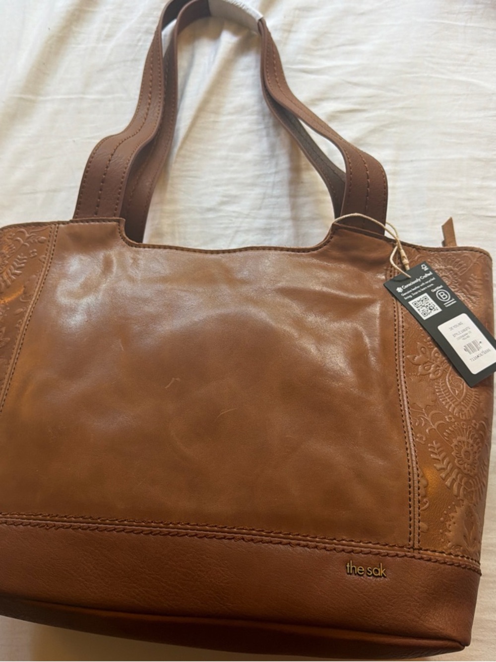 The Sak Brown Leather Shoulder Bag with Embossed Side Panels